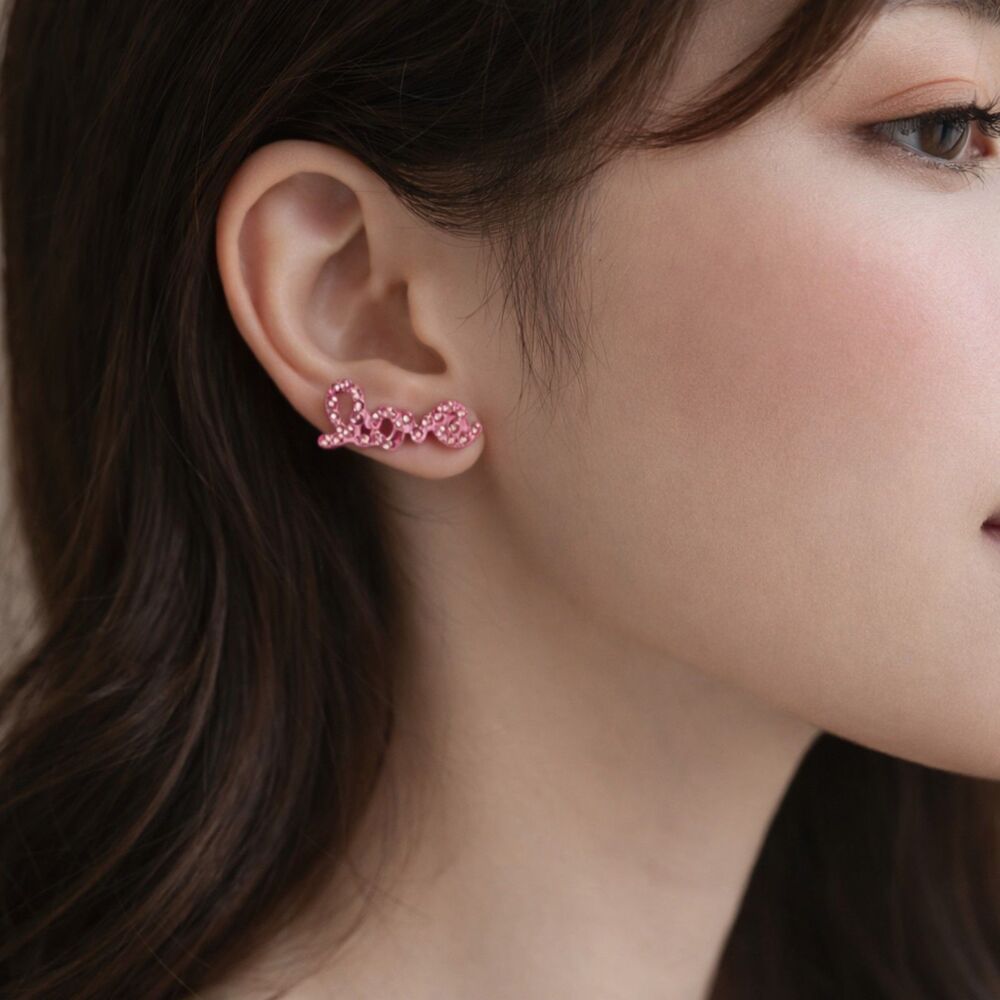 Pink Rhinestone Love Stud Earrings Cute Romantic Script Jewelry Women Girls
